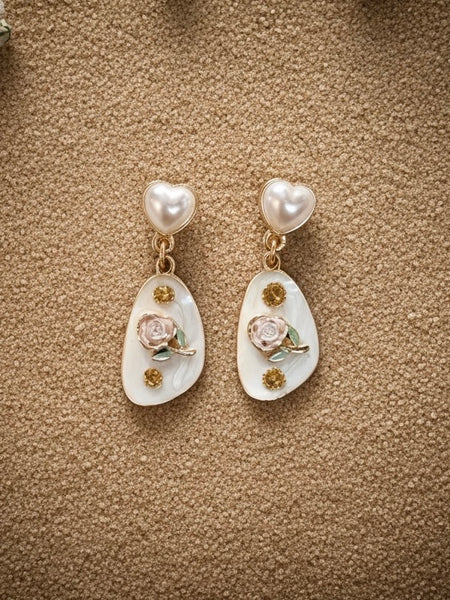 White Rose Pearl Earrings - AT-13B