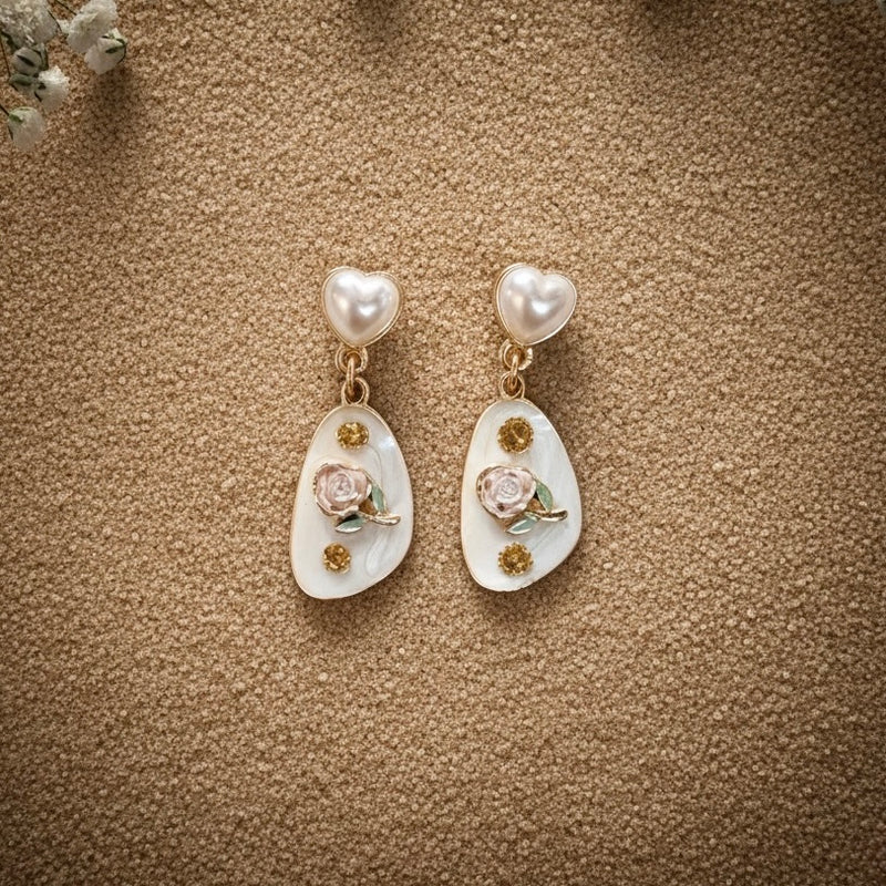 White Rose Pearl Earrings - AT-13B