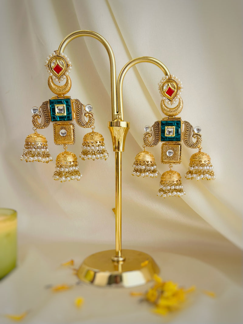 Gajra Triple Jhumka Kashmiri Earrings